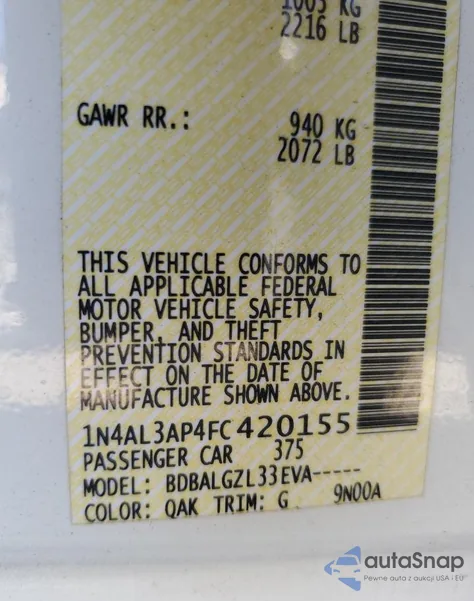 2015 Nissan Altima 2.5 z USA, uszkodzony, nr VIN 1N4AL3AP4FC420155